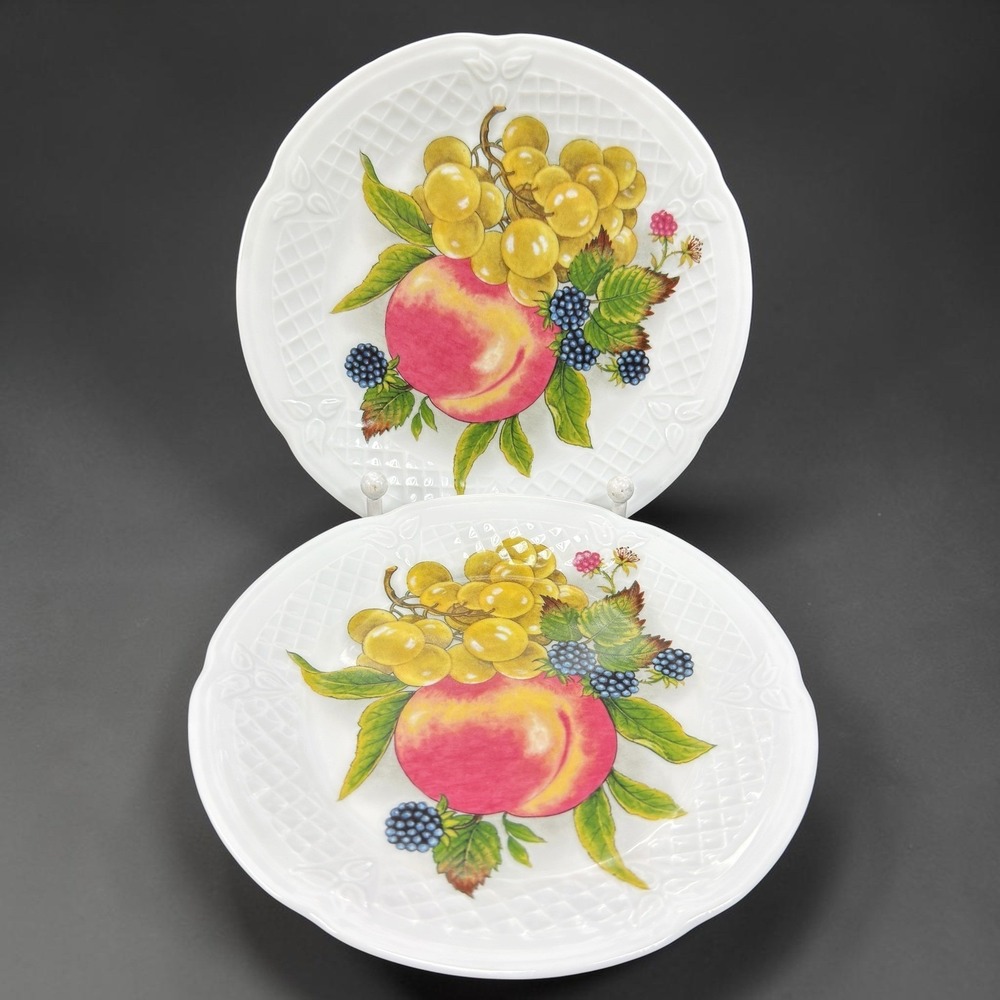 Philippe Deshoulieres Limoges France Fruit Porcelain Plates Set 2 Peach Grape 6"